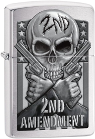 Zippo Lighter Second Amendment Skull and Guns Brushed Chrome