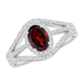 Angara Triple Shank Oval Garnet and Diamond Halo Ring